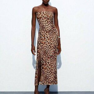 Khaki Sexy Women's Leopard Print Fitted Bodycon Midi Dress With Slit Up To Thigh